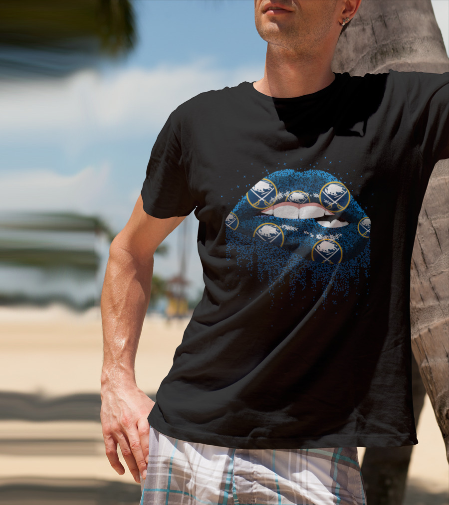 Buffalo Sabres Glitter Lips Fan Art With Team Logo T-Shirt