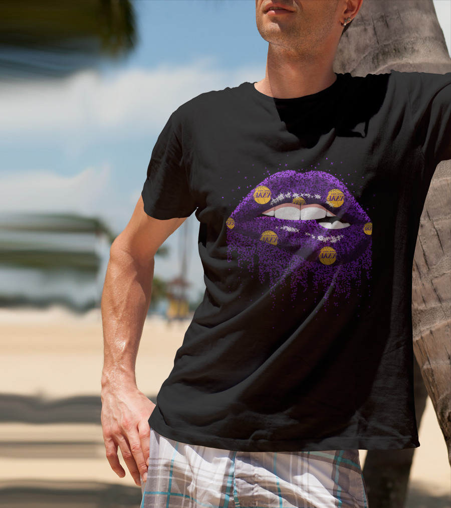 Glitter Purple Lips Decorated With Los Angeles Lakers Basketball Logos For Fans T-Shirt