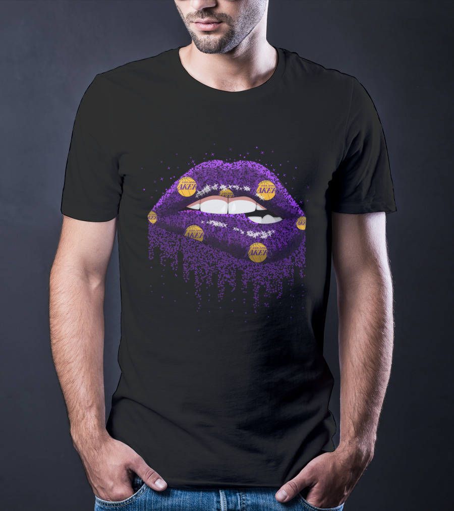 Glitter Purple Lips Decorated With Los Angeles Lakers Basketball Logos For Fans T-Shirt