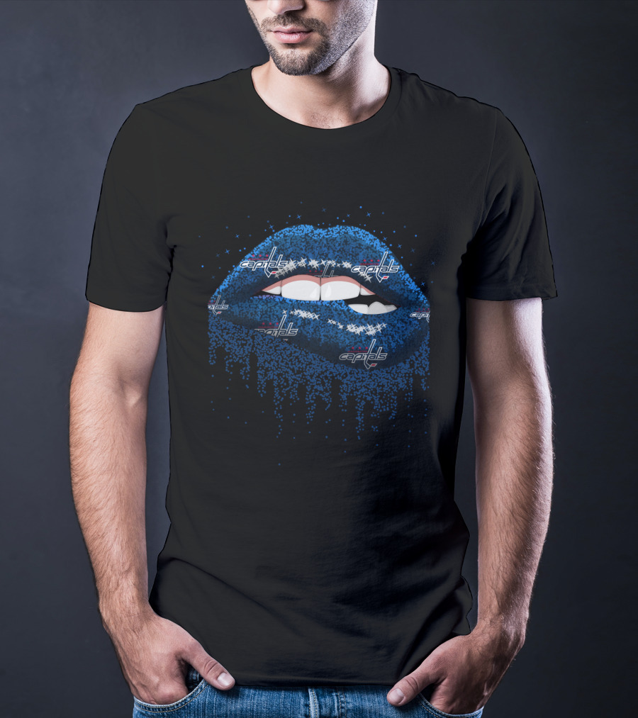 Blue Glitter Lips With Washington Capitals Logo For Fans T-Shirt