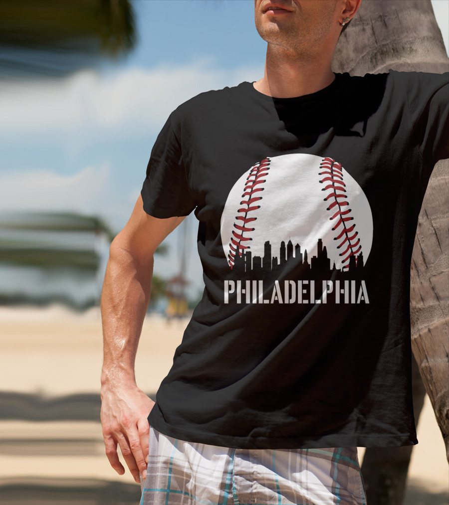 Philadelphia Skyline Baseball Stitching Downtown Philly T-Shirt