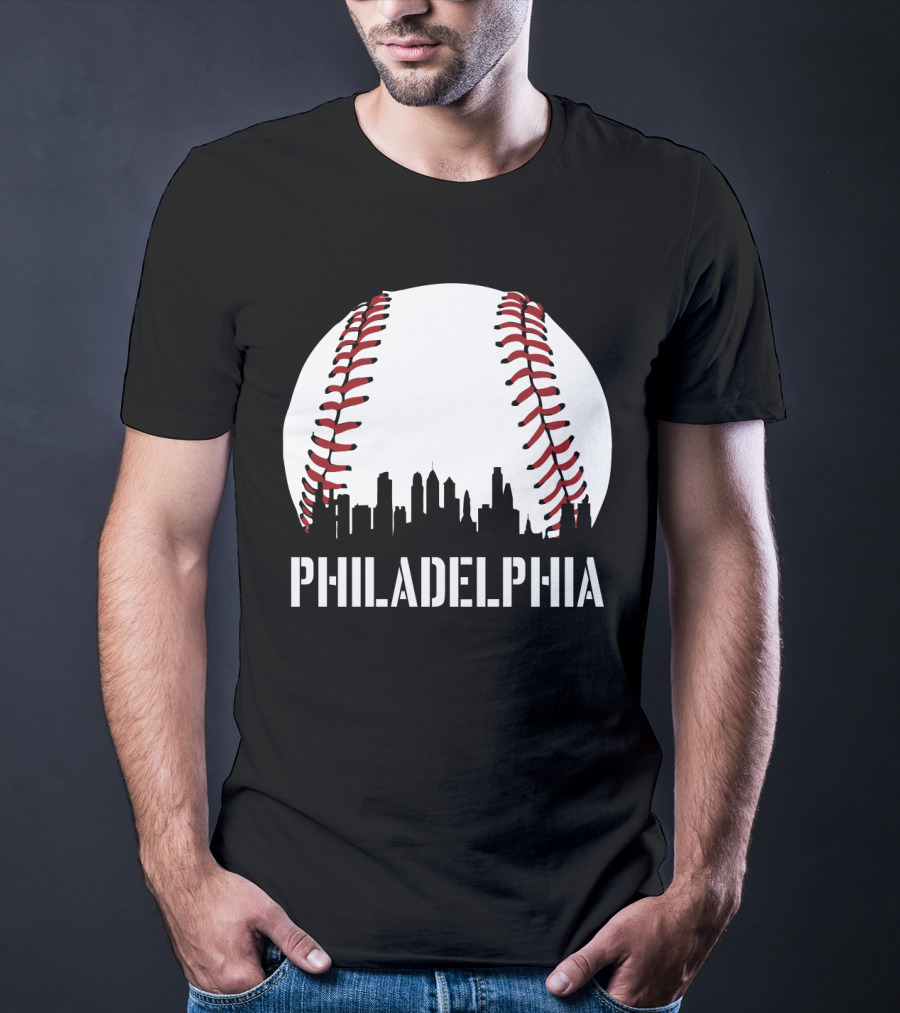 Philadelphia Skyline Baseball Stitching Downtown Philly T-Shirt