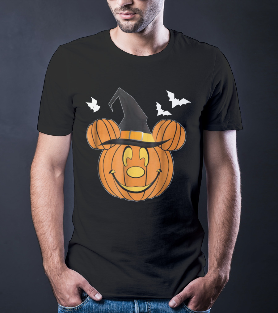 Disney Mickey Mouse Halloween Pumpkin Witch Hat And Bats T-Shirt