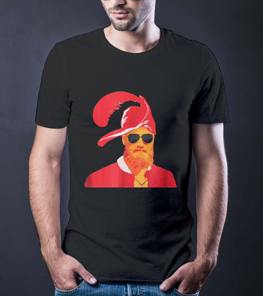 Fitzmagic Pirate Santa With Sunglasses Iconic Beard Red Feather Hat T-Shirt