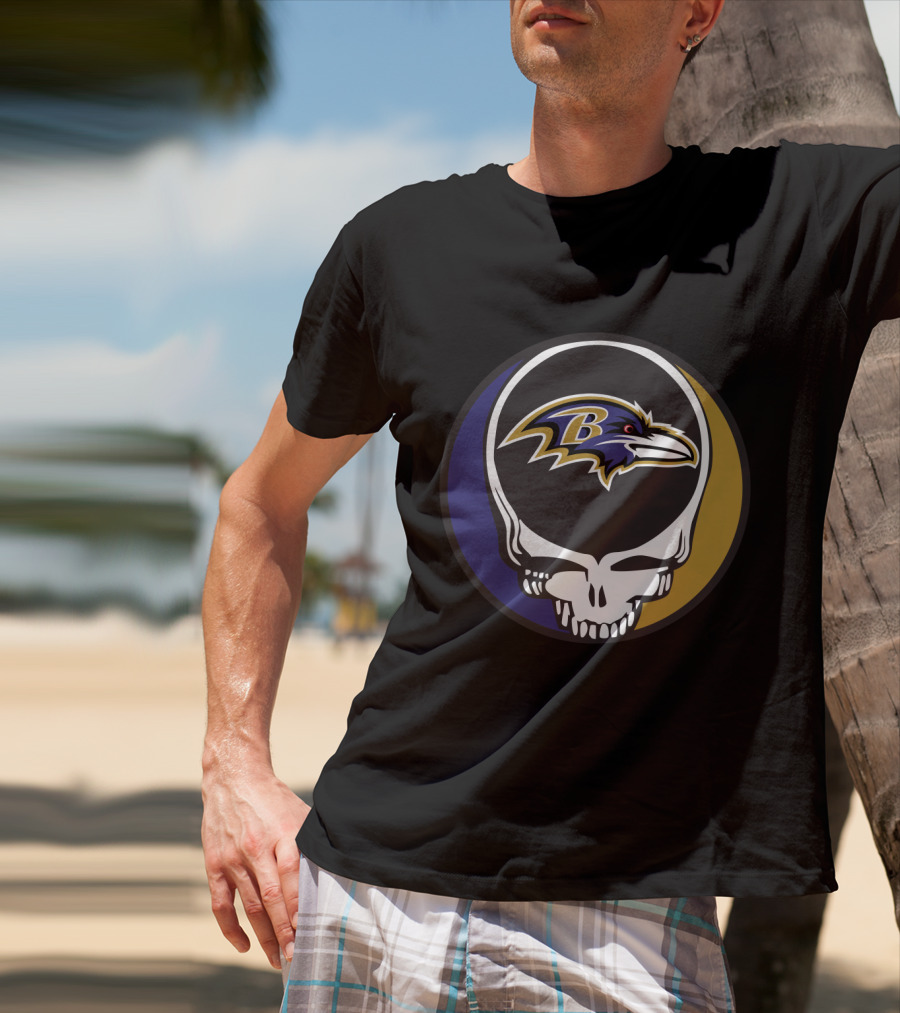 Grateful Dead Skull Logo With Baltimore Ravens Team T-Shirt