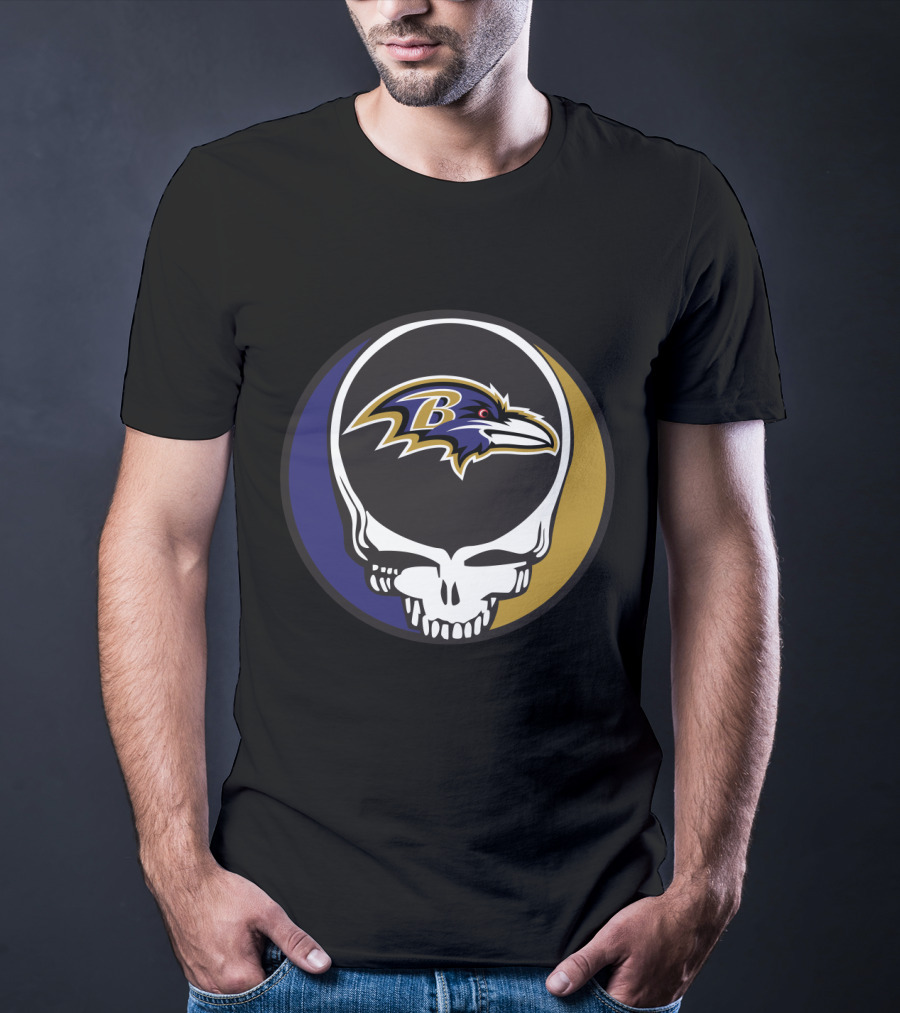 Grateful Dead Skull Logo With Baltimore Ravens Team T-Shirt
