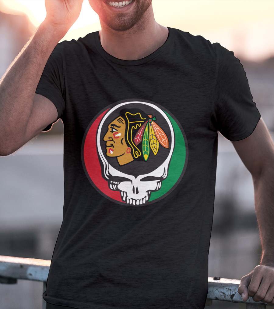 Grateful Dead Skull Chicago Blackhawks Logo Fusion For Fans T-Shirt