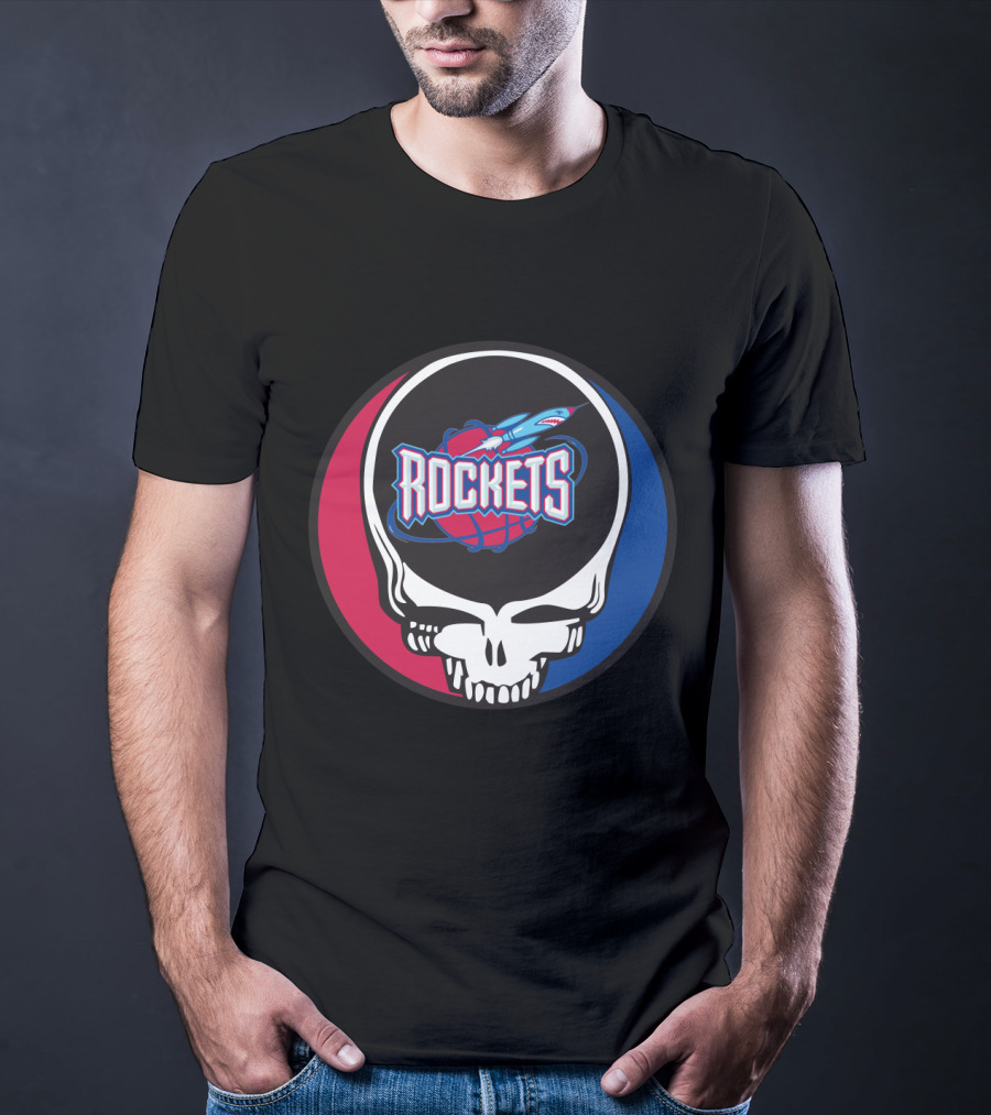 Grateful Dead Skull With Houston Rockets Basketball Logo And Blue Red Circle T-Shirt