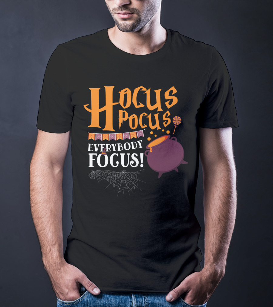 Hocus Pocus Everybody Focus Cauldron Banner Lollipop Spiderweb Halloween T-Shirt