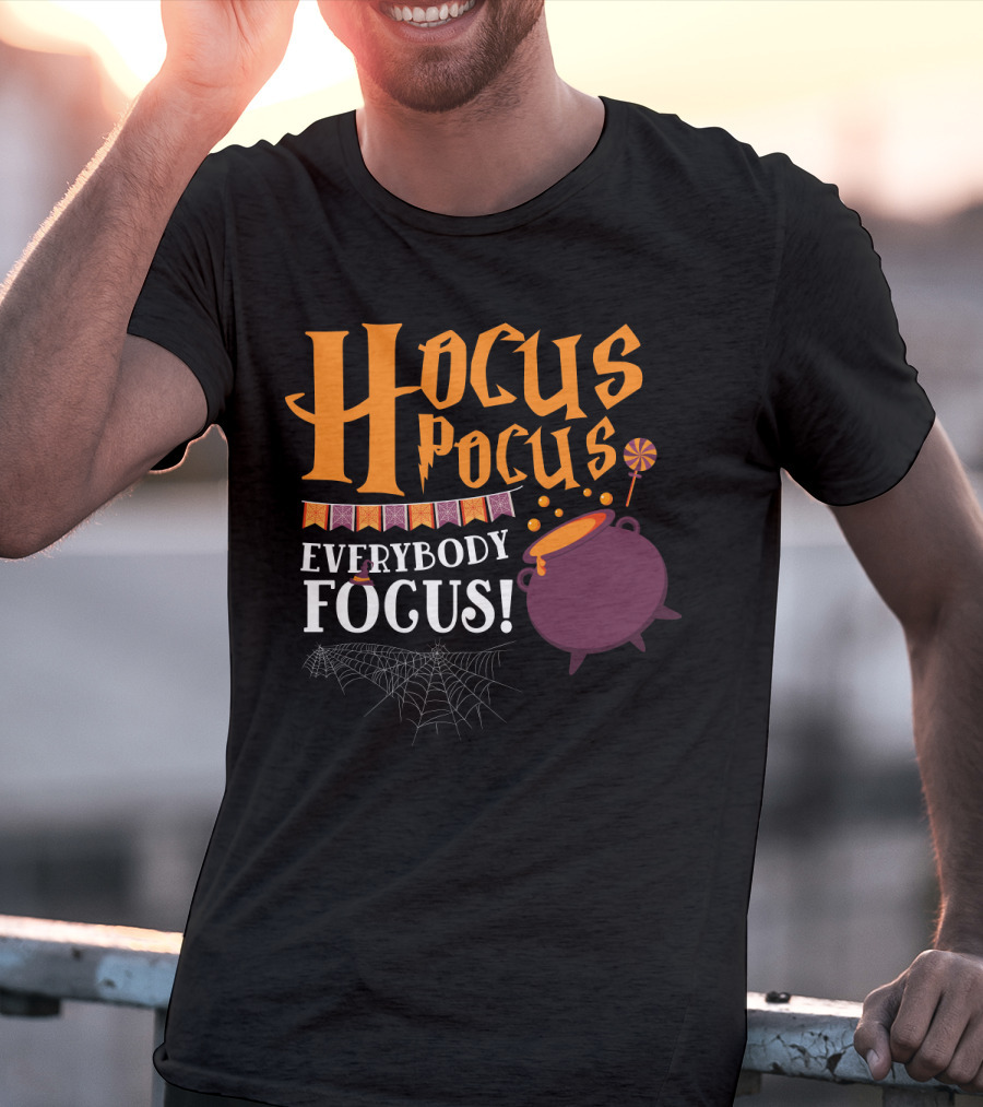 Hocus Pocus Everybody Focus Cauldron Banner Lollipop Spiderweb Halloween T-Shirt