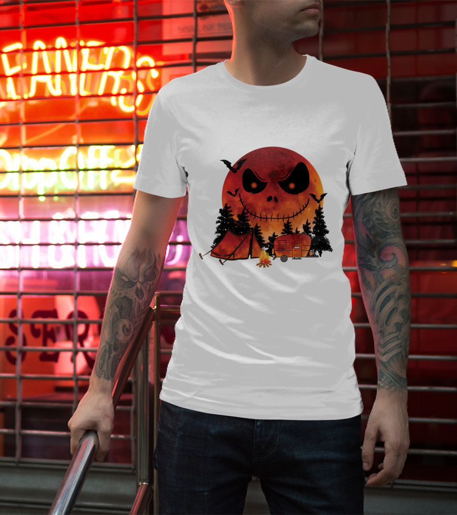 Jack Skellington Halloween Camping Under Blood Moon With Tent And Camper T-Shirt