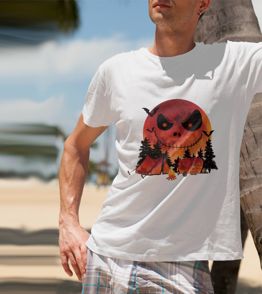 Jack Skellington Halloween Camping Under Blood Moon With Tent And Camper T-Shirt