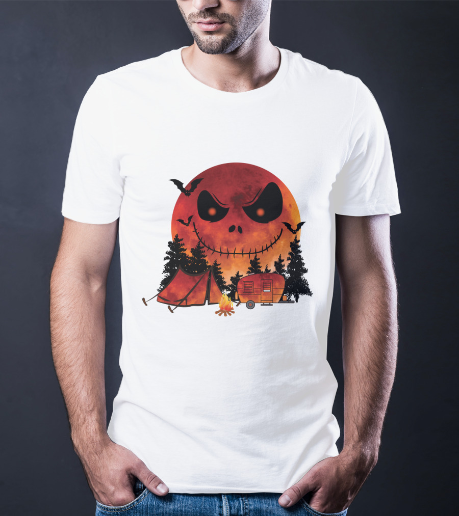 Jack Skellington Halloween Camping Under Blood Moon With Tent And Camper T-Shirt