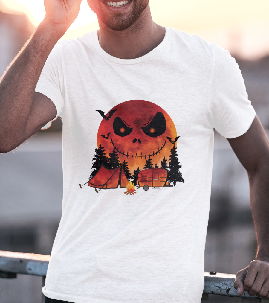 Jack Skellington Halloween Camping Under Blood Moon With Tent And Camper T-Shirt