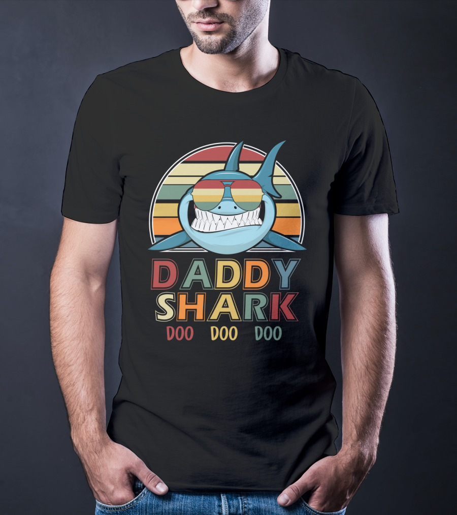 Daddy Shark Retro Vintage Doo Doo Doo Sunglasses Rainbow Stripes T-Shirt
