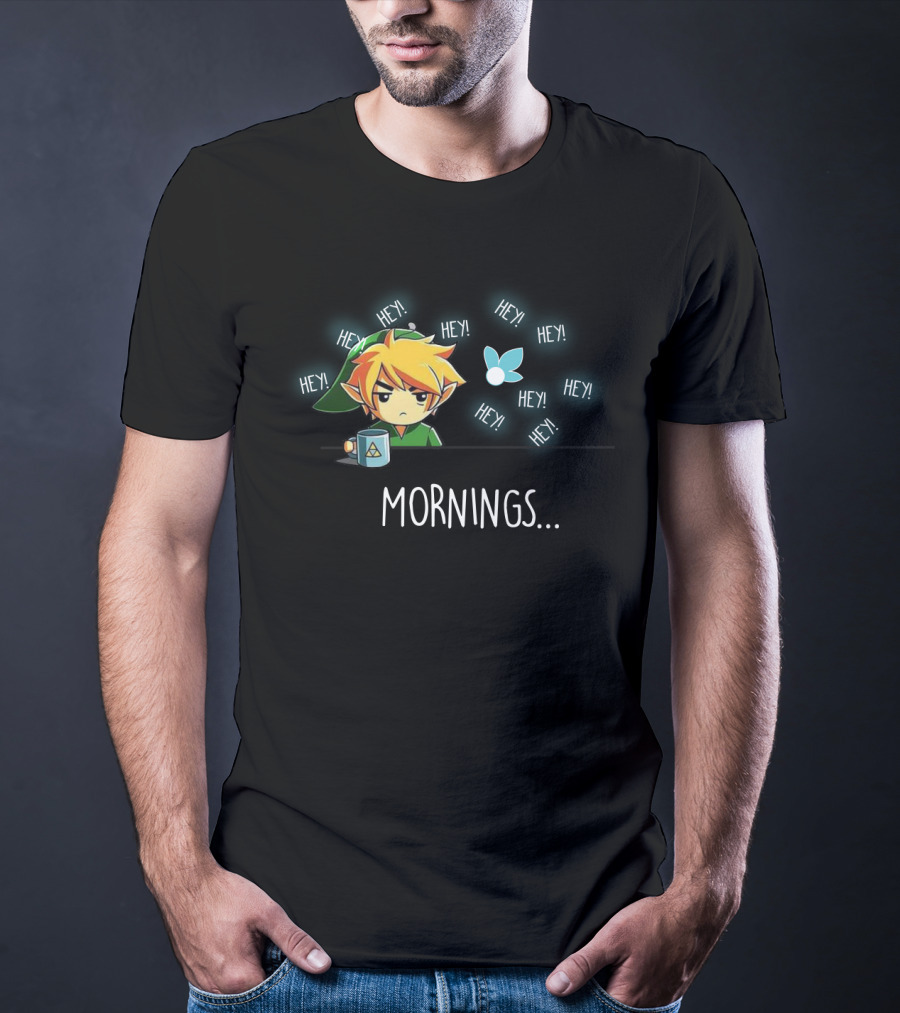 Link Character With Navi Fairy And Coffee Mug In Mornings Hey T-Shirt