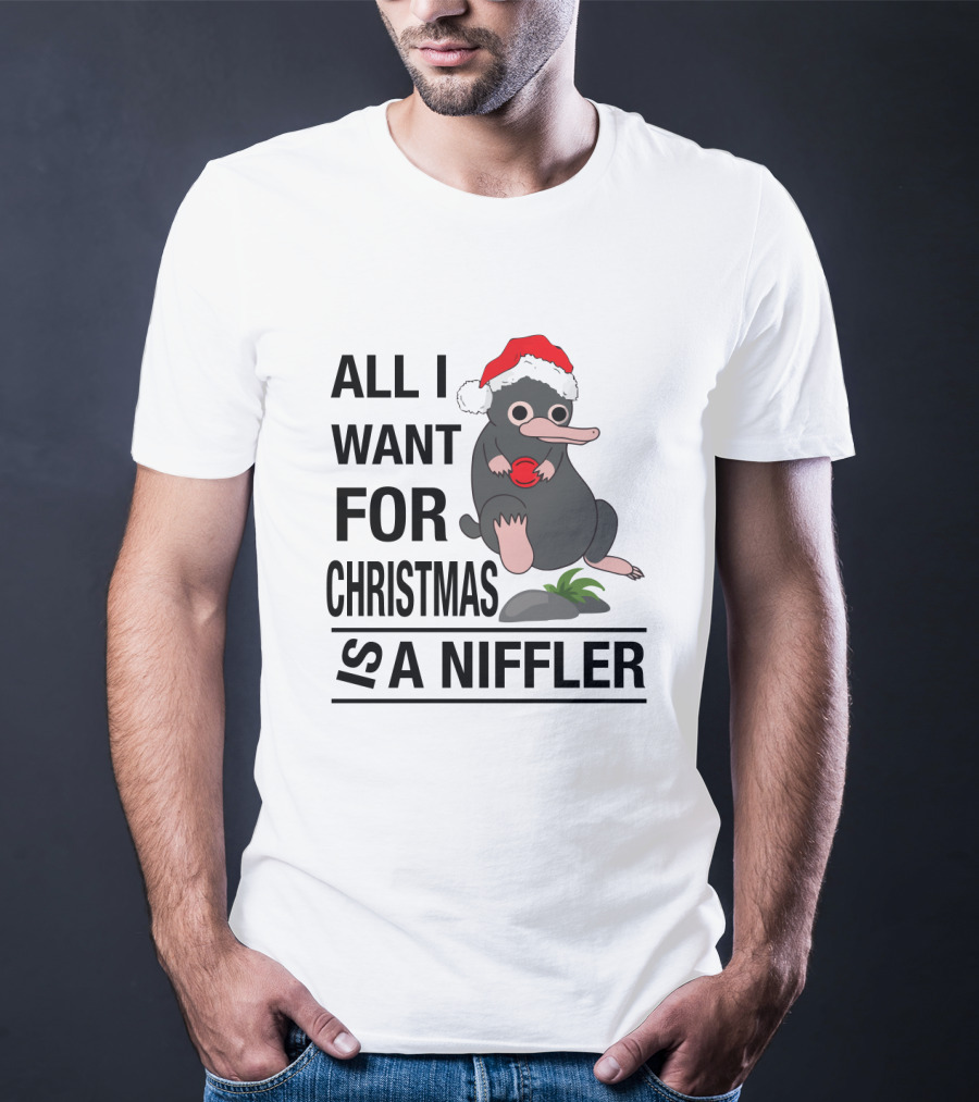 All I Want For Christmas Is A Niffler Wearing Santa Hat Holding Red T-Shirt