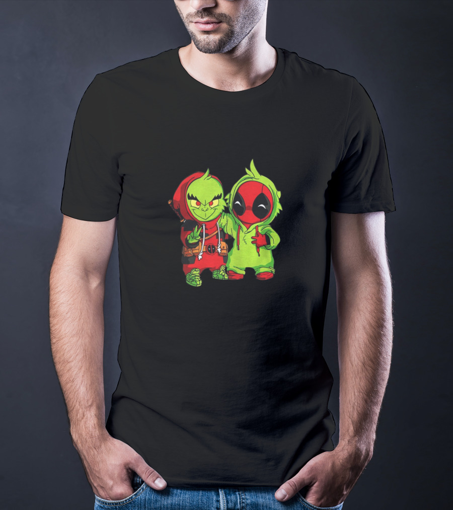 Baby Grinch And Baby Deadpool Crossover Cartoon Characters T-Shirt