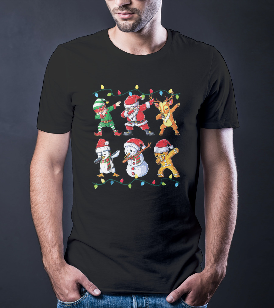 Santa Elf Snowman Penguin Reindeer Gingerbread Dabbing Christmas Lights T-Shirt