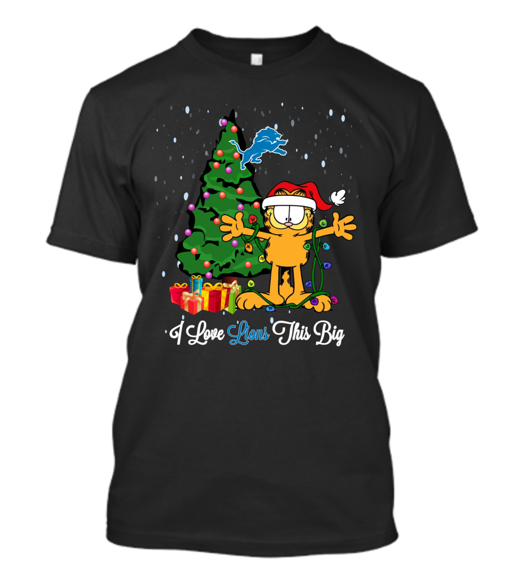 I Love Lions This Big Detroit Lions Christmas Garfield Santa Hat T-Shirt