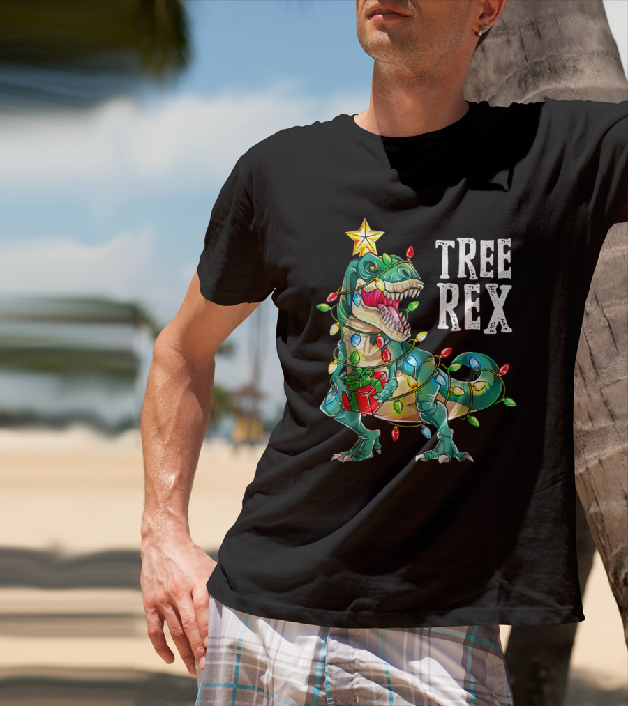 Tree Rex Dinosaur Christmas Lights With Gift And Star T-Shirt