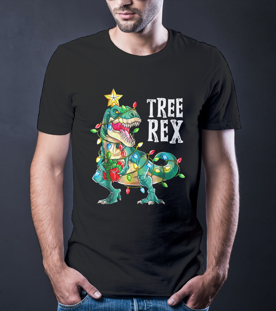 Tree Rex Dinosaur Christmas Lights With Gift And Star T-Shirt