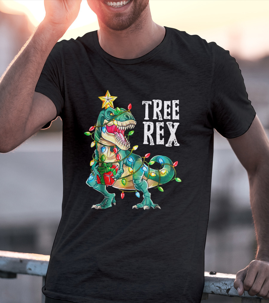 Tree Rex Dinosaur Christmas Lights With Gift And Star T-Shirt