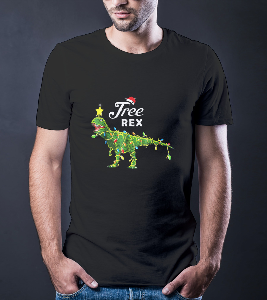 Free Rex Dinosaur Christmas Festive Lights Santa Hat Star Topper T-Shirt