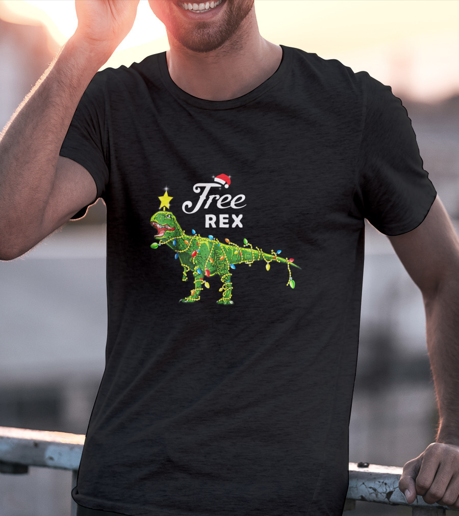 Free Rex Dinosaur Christmas Festive Lights Santa Hat Star Topper T-Shirt