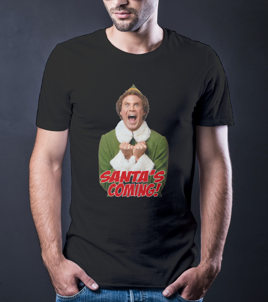 Santa's Coming Excited Elf Green Holiday T-Shirt