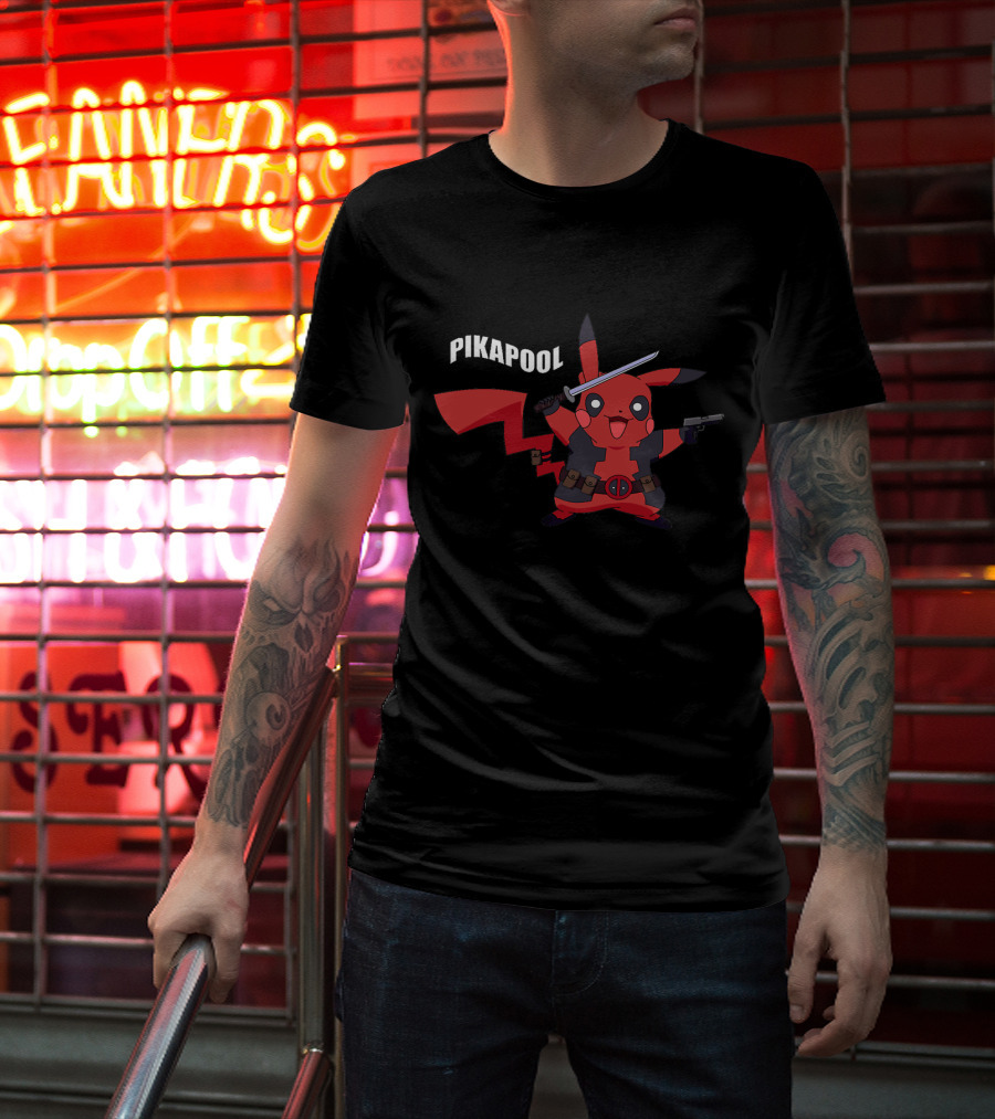 Pikapool Mashup: Funny Deadpool Pikachu With Sword And Gun T-Shirt