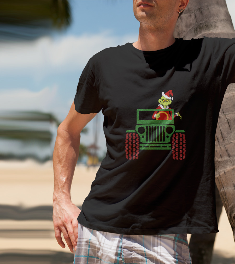 Grinch Santa Drives Christmas Green Jeep With Red Wheels T-Shirt