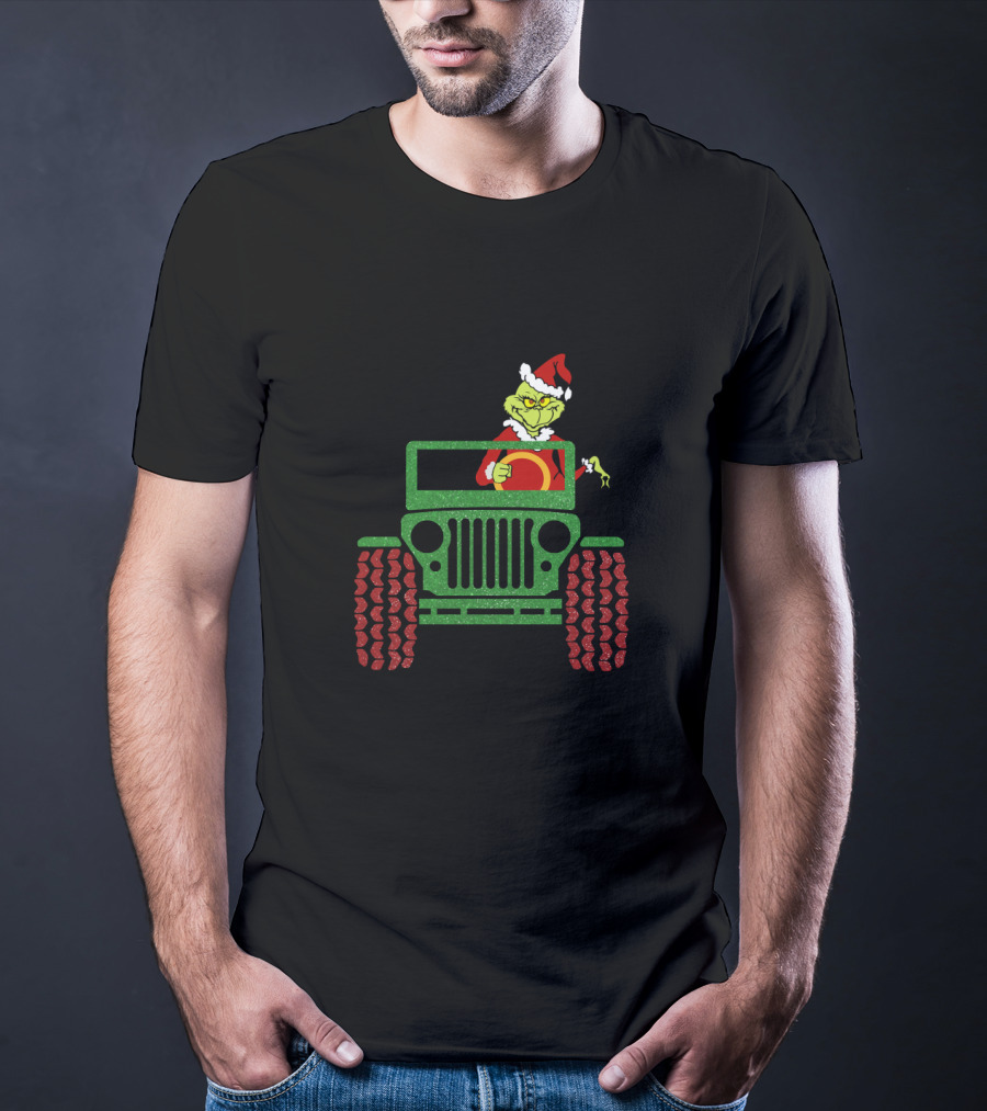 Grinch Santa Drives Christmas Green Jeep With Red Wheels T-Shirt