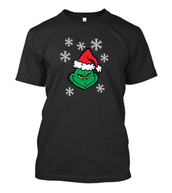 Grinch Face With Santa Hat Surrounded By Snowflakes Iconic Holiday Character T-Shirt