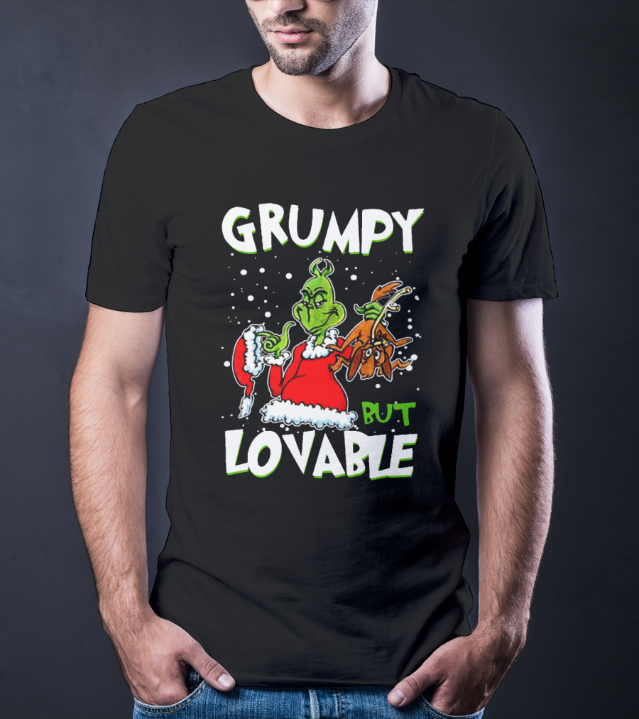 Grumpy But Lovable Grinch In Santa Suit Holding Max Illustrated T-Shirt