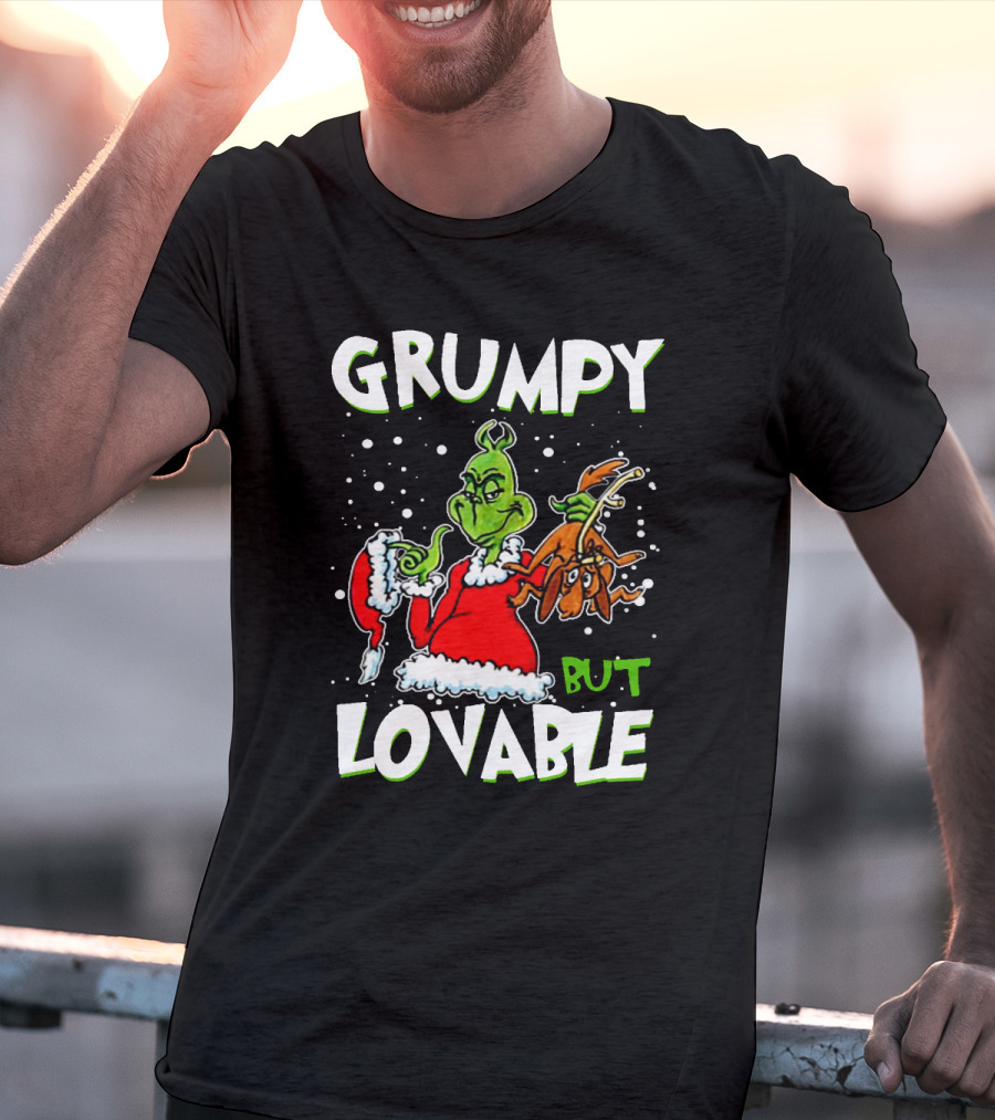 Grumpy But Lovable Grinch In Santa Suit Holding Max Illustrated T-Shirt