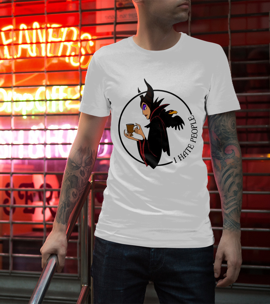Maleficent Coffee Holding With I Hate People Text And Raven On Shoulder T-Shirt