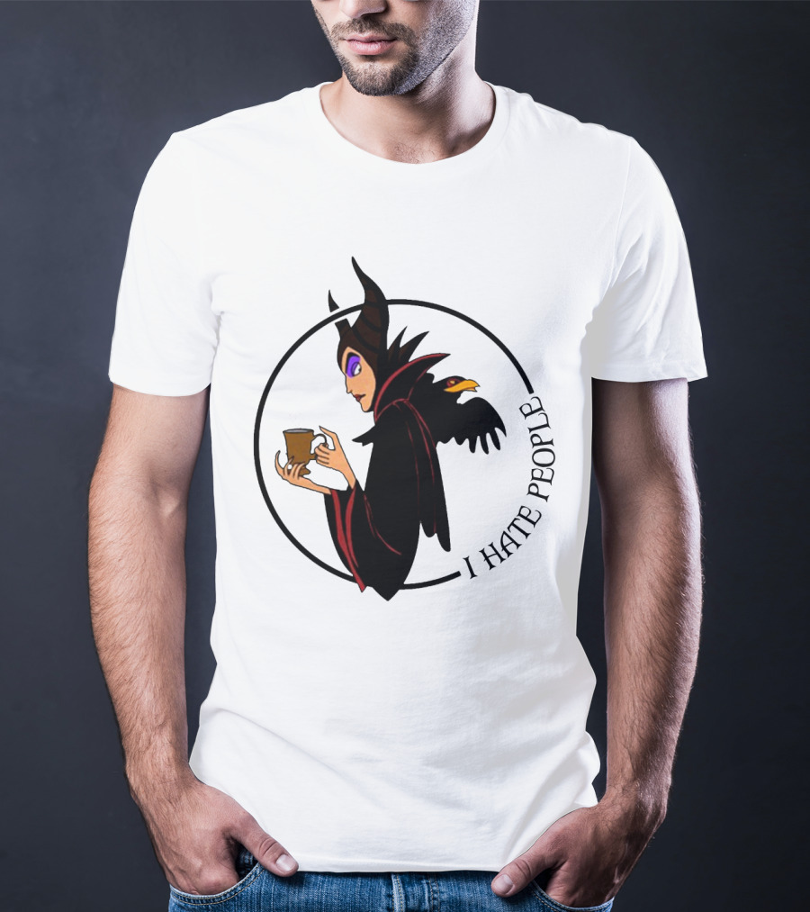 Maleficent Coffee Holding With I Hate People Text And Raven On Shoulder T-Shirt