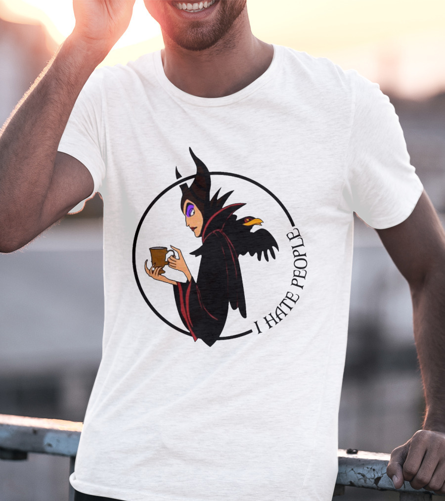 Maleficent Coffee Holding With I Hate People Text And Raven On Shoulder T-Shirt