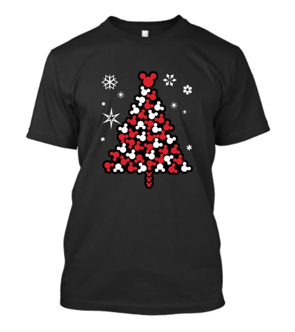 Mickey Mouse Head Christmas Tree With Snowflakes And Stars T-Shirt