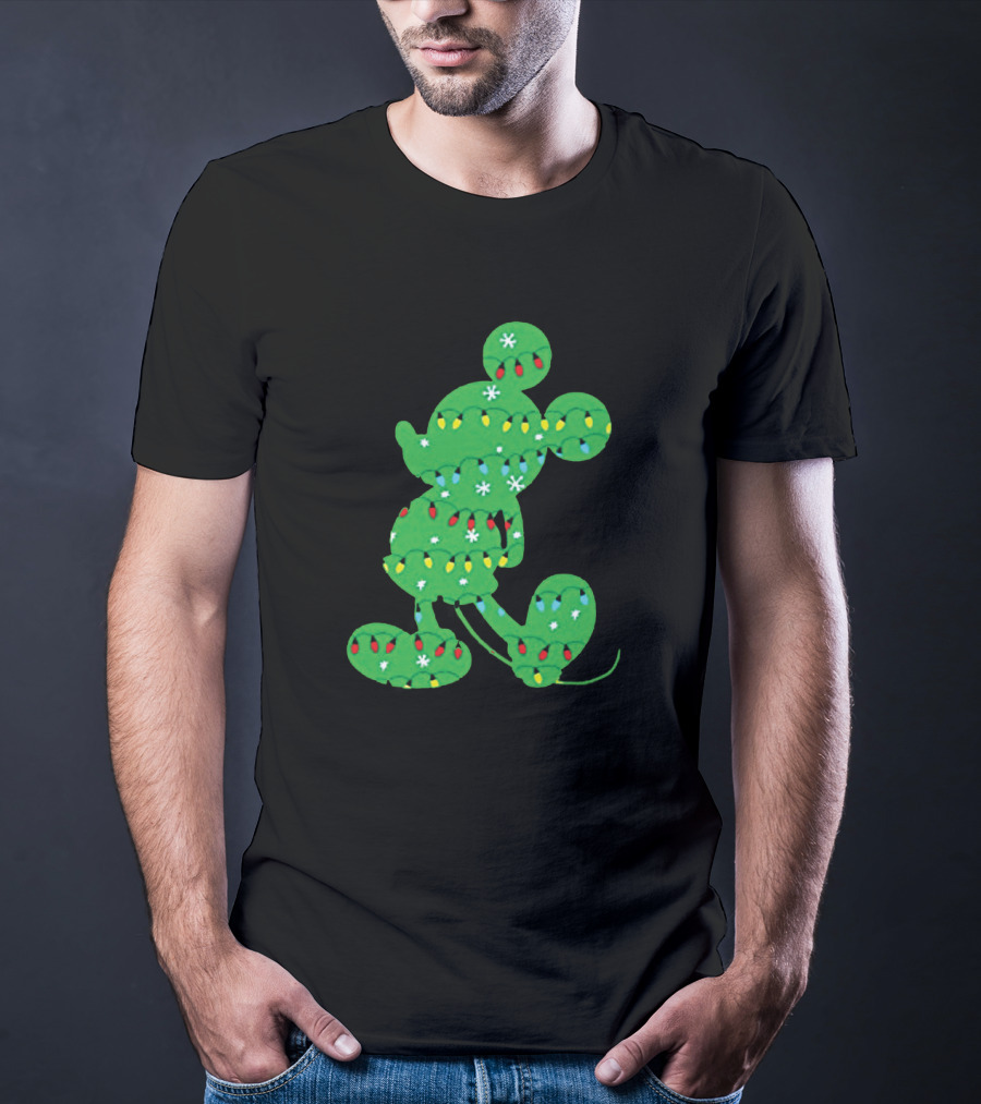 Mickey Mouse Silhouette With Festive Christmas Lights And Green Holiday T-Shirt