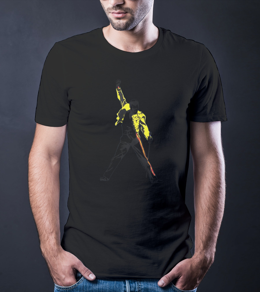 Queen Concert Iconic Freddie Mercury Silhouette With Yellow Jacket And Microphone T-Shirt