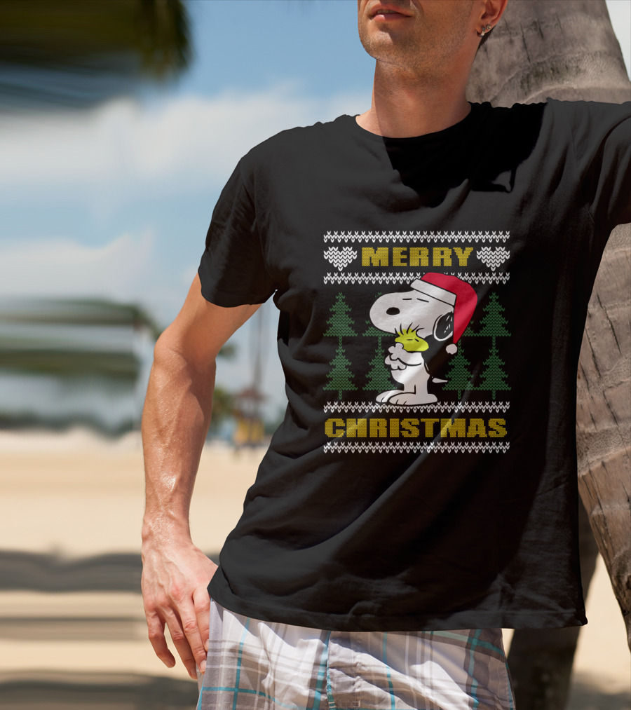 Snoopy Woodstock Merry Christmas Santa Hat Peanuts Holiday Trees T-Shirt