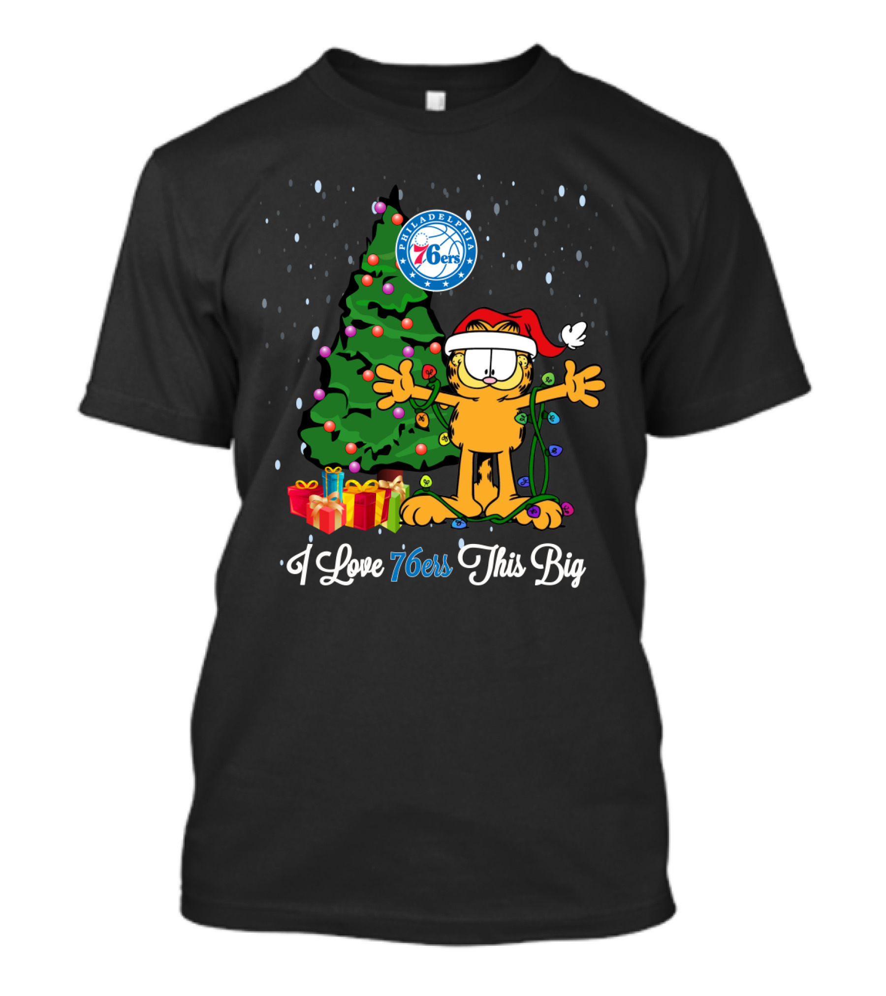 Philadelphia 76ers I Love 76ers This Big Christmas Garfield Santa Hat Tree T-Shirt