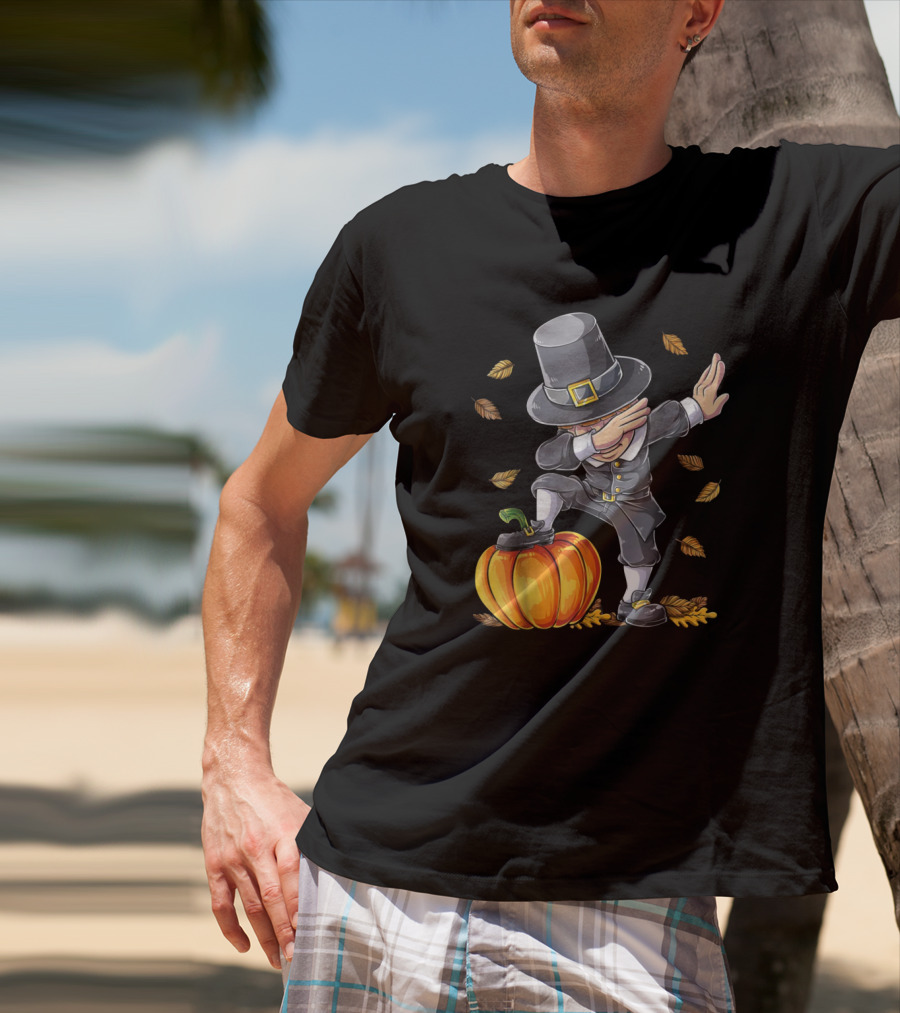 Pilgrim Dabbing On Pumpkin With Falling Autumn Leaves T-Shirt