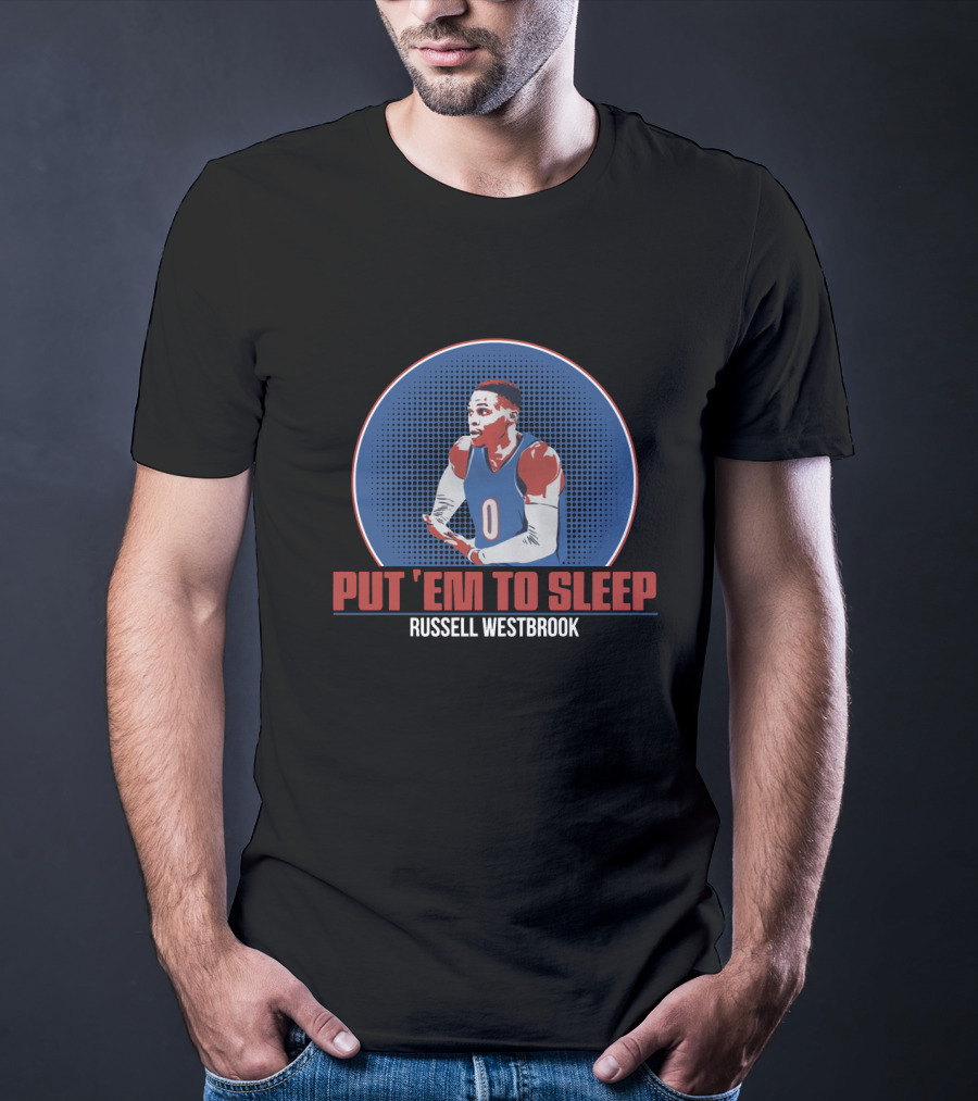 Russell Westbrook PUT 'EM TO SLEEP Basketball Image With Blue And Red Athletic T-Shirt