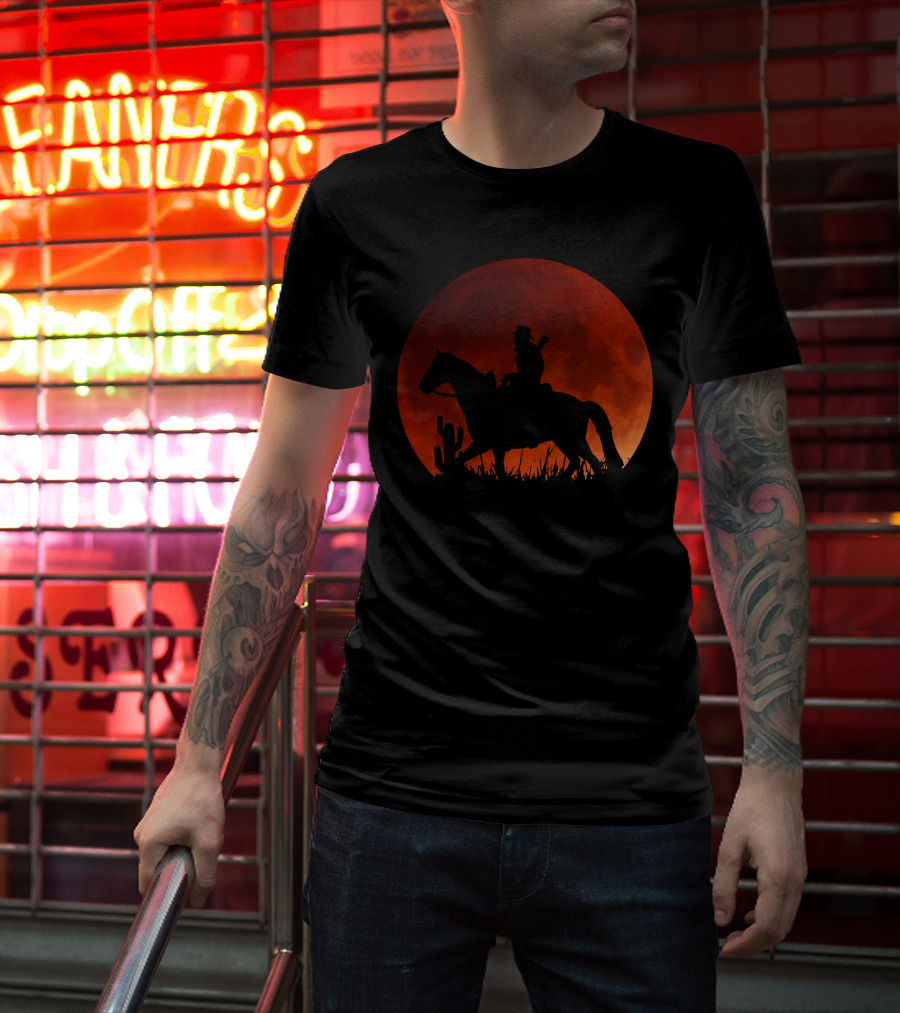 Red Moon Cowboy Riding Silhouette Red Dead Redemption T-Shirt