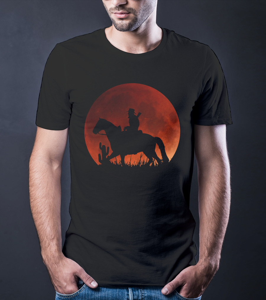 Red Moon Cowboy Riding Silhouette Red Dead Redemption T-Shirt