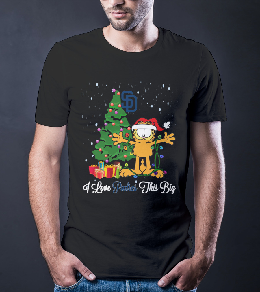 I Love Padres This Big Garfield Christmas San Diego Padres Holiday Spirit Tree And Gifts T-Shirt