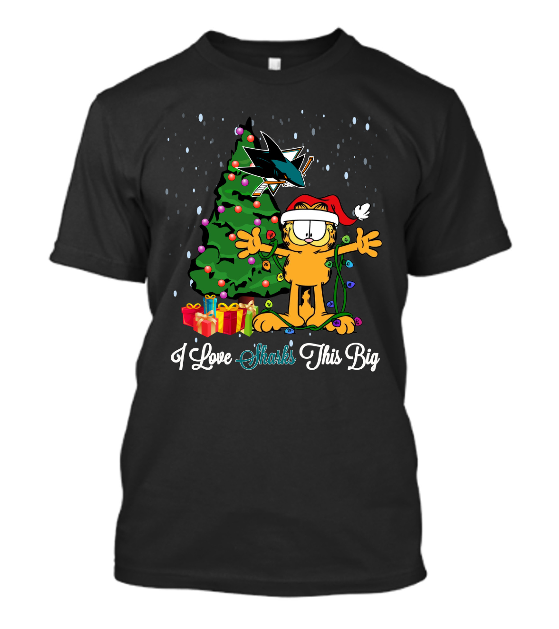 I Love San Jose Sharks Christmas Tree With Garfield Holiday Scene T-Shirt